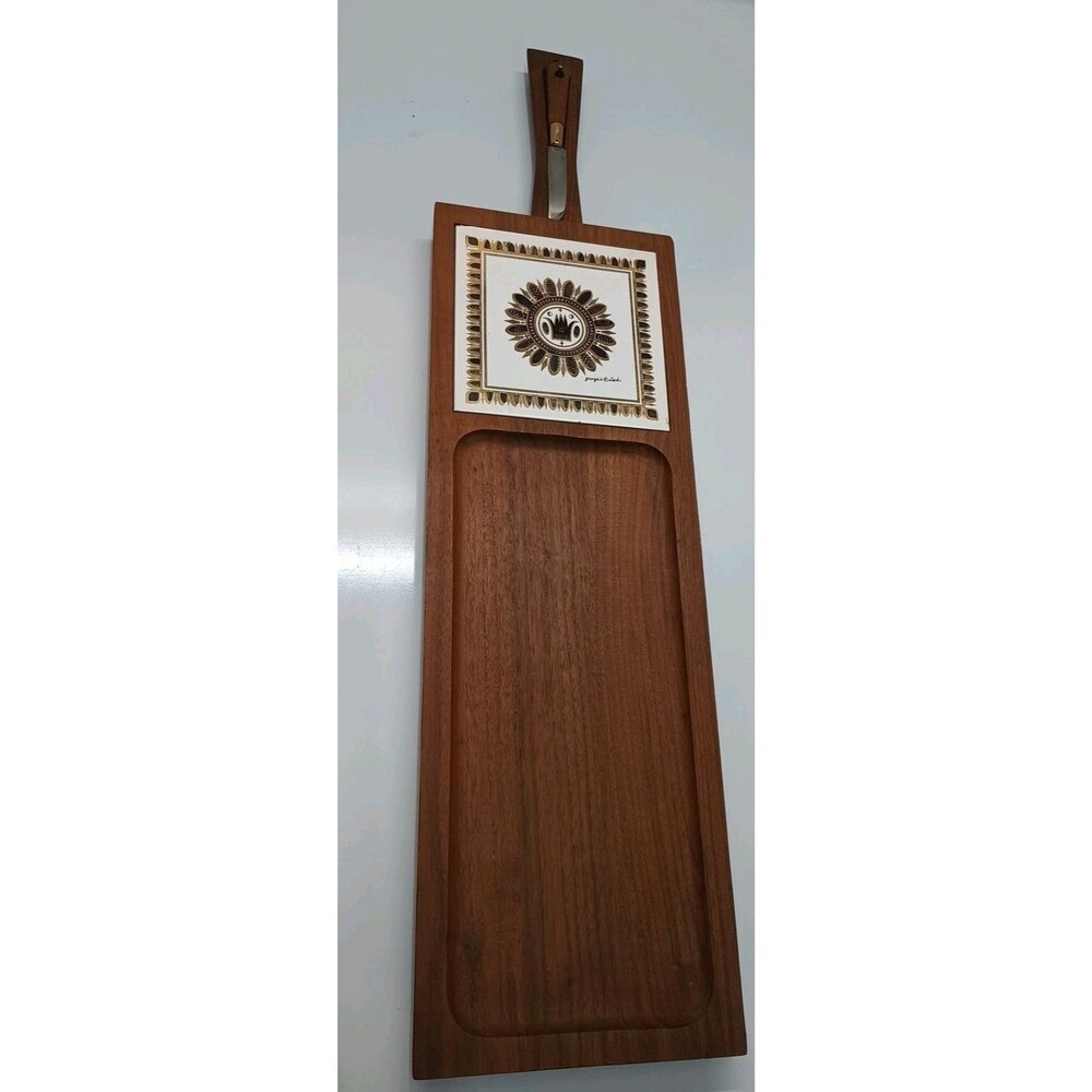 Vtg George Briard Woodland Teak And Tile Cheese Board With Knife Charcuterie